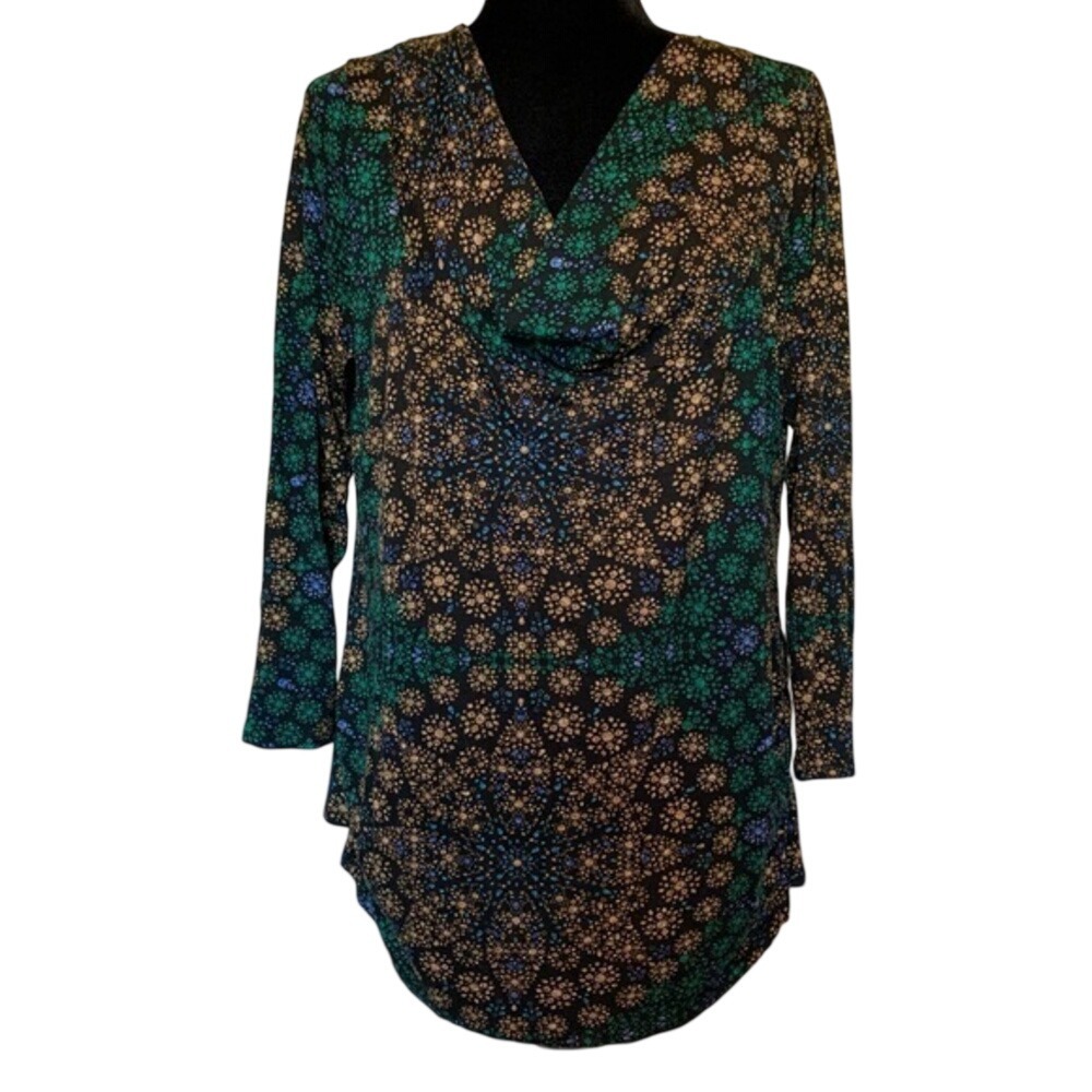 Beverly Drive Womens 1X Cowl Neck Tunic Top Green Blue Geometric Mandala Print